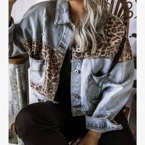 Vintage Button Down Leopard Patch Denim Jacket